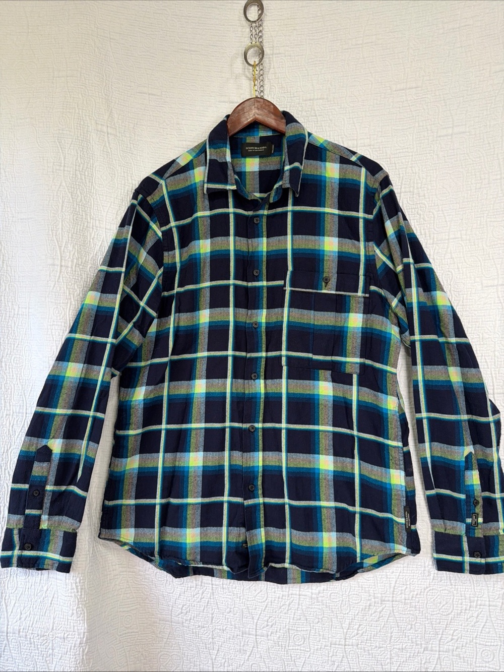 Scotch and Soda Rainbow Plaid Shirt Mens XL Relaxed Green Blue Cotton Flannel